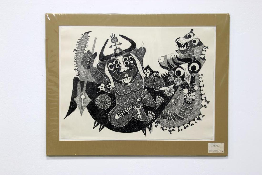 J. Sultan Ali (India) Original Ink Drawing, 1972: J. Sultan Ali (1920-1990) India; 'Veer-Raja' (Brave King) 1972. Ink drawing. Unframed; 21 3/4" x 30". 