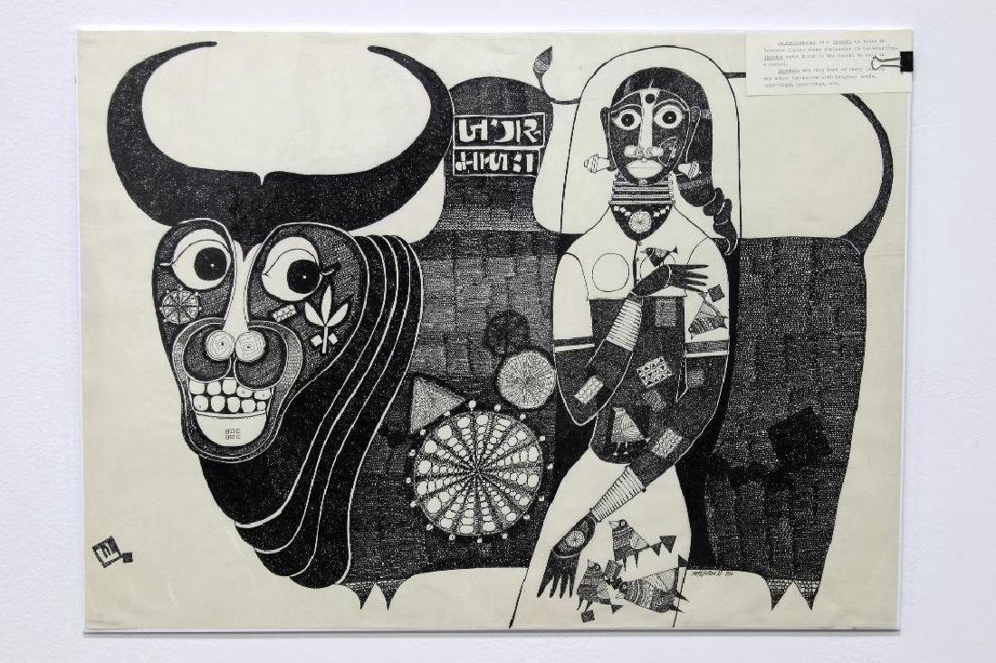 J. Sultan Ali (India), Original Ink Drawing, 1974: J. Sultan Ali (1920-1990) Jambhu-Lakshmi, 1974. Ink drawing. Unframed; 22"x30". 