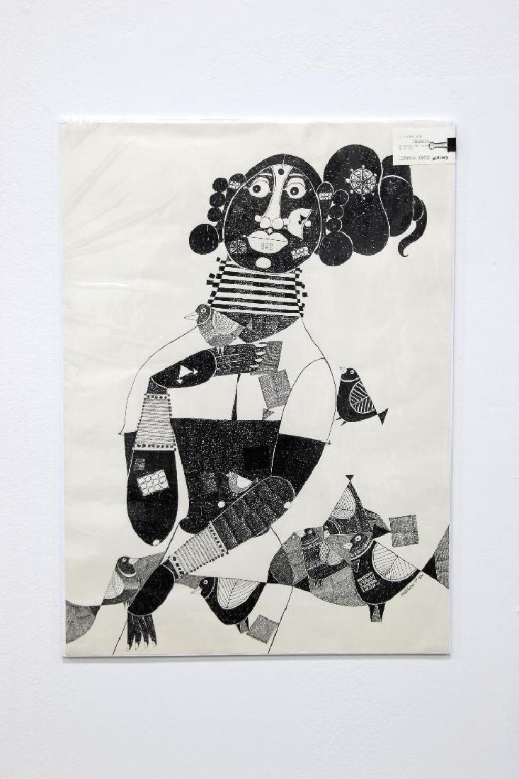 J. Sultan Ali (India) Original Ink Drawing, 1972: J. Sultan Ali (1920-1990) India; 'Birdseller', 1972. Ink drawing. Unframed; 30" x 22"