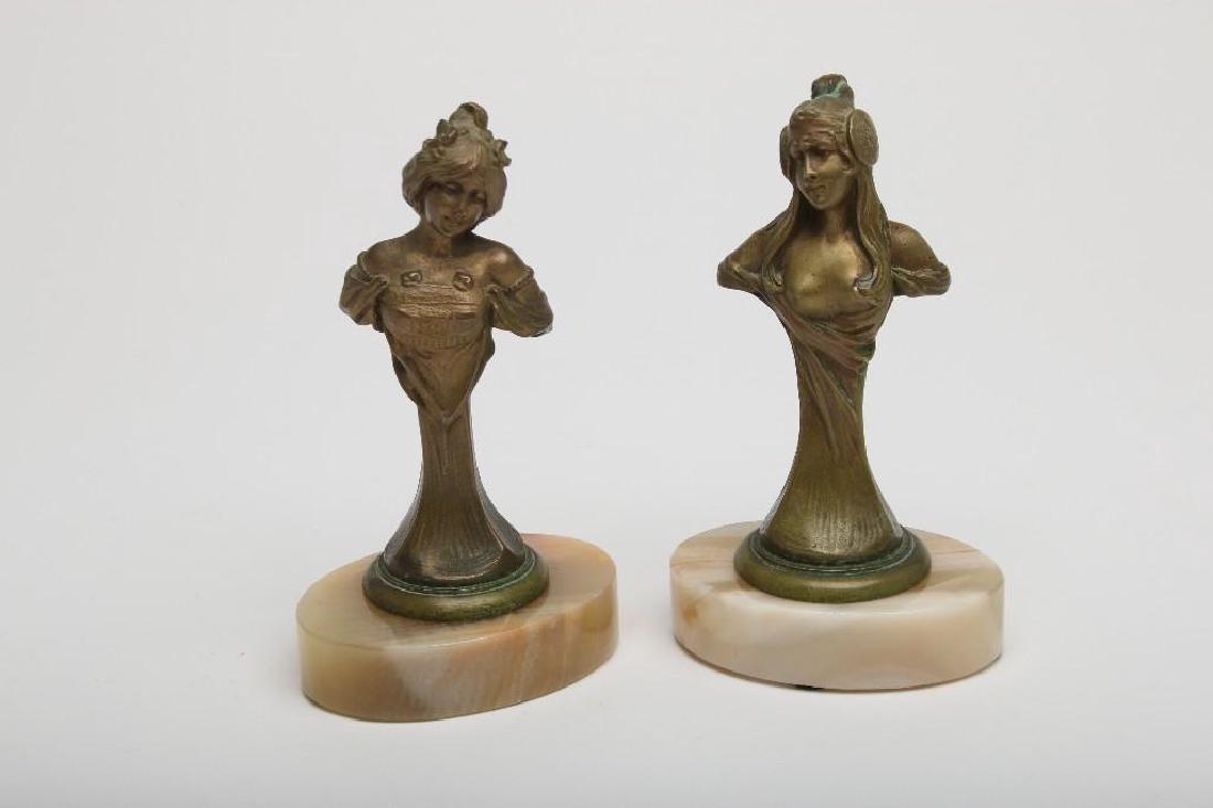 Pair Art Nouveau Bronze Figure Bust Sculpture Onyx Base (1 of 8)