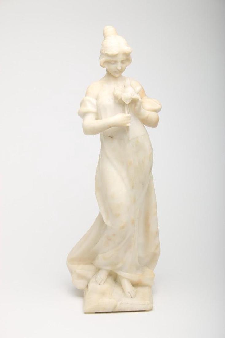 Art Nouveau Alabaster Figure Sculpture Young Woman: Art Nouveau figure sculpture of a young woman carved in alabaster. 24 1/2 inches high. Apparently unsigned.