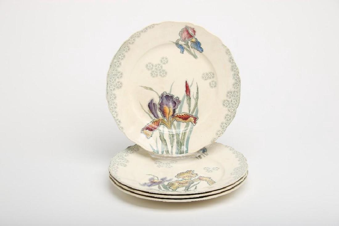 Boulenger Choisy Le Roi Art Nouveau Faience Iris Plates: Choisy Le Roi H. Boulenger Art Nouveau Terre de Ferre faience dinner plates. Iris pattern, group of four. Dimensions 10 inches.