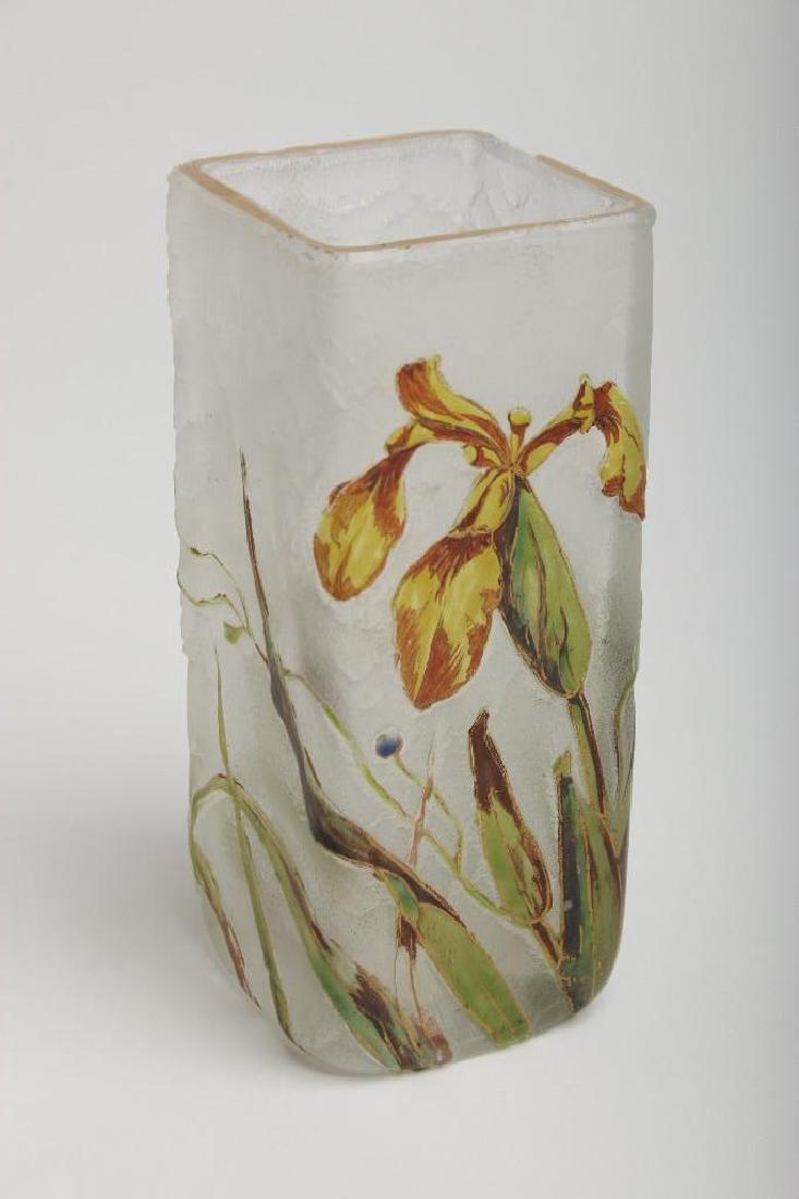 Art Nouveau Enameled Etched Glass Floral Cabinet Vase: Art Nouveau enameled and etched glass cabinet vase with iris floral motif. Possibly Mont Joye. Measures 4 1/2in high, 1 3/4in square.