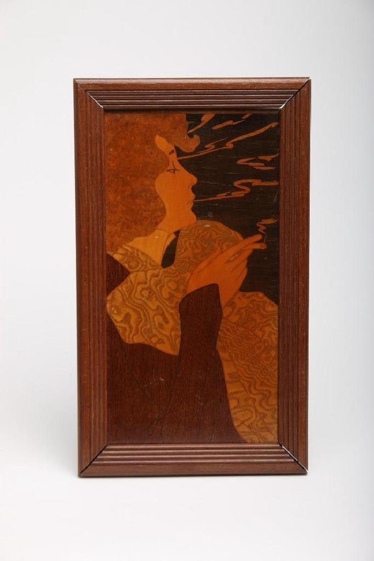 Art Nouveau Carved Wooden Panels Marquetry and Carved: Group of Art Nouveau wooden decorative objects, a marquetry panel depicting an elegant woman smoking and a carved portrait plaque with painted and applied jewel decoration in the Art Nouveau style, 16
