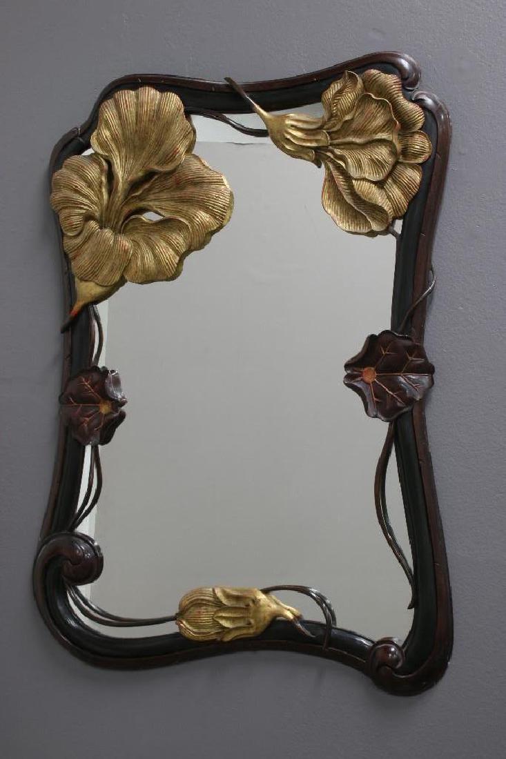 Art Nouveau Carved Mahogany Parcel Gilt Floral Mirror (1 of 5)