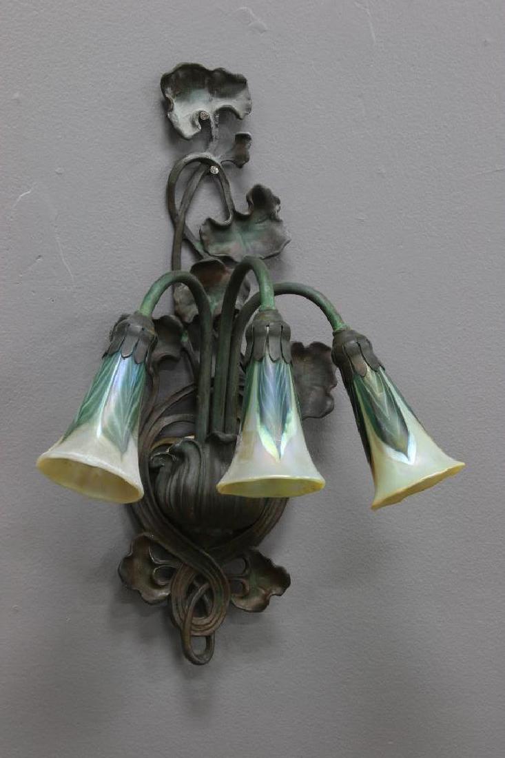Art Nouveau 3 Arm Wall Sconce Pulled Feather Art Glass (1 of 5)