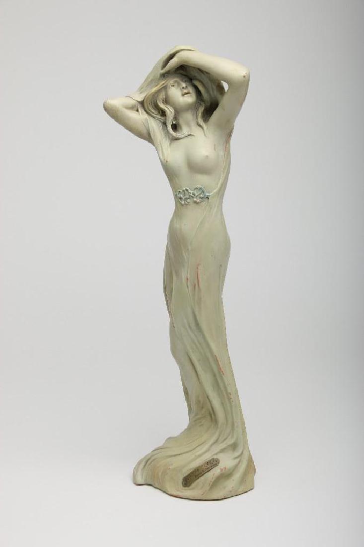Charles Emile Jonchery Nouveau Terracotta Fin de Reve: Art Nouveau painted terracotta figure sculpture by French artist Charles Emile Jonchery (1873-1937) titled Fin de Reve, 22" high.
