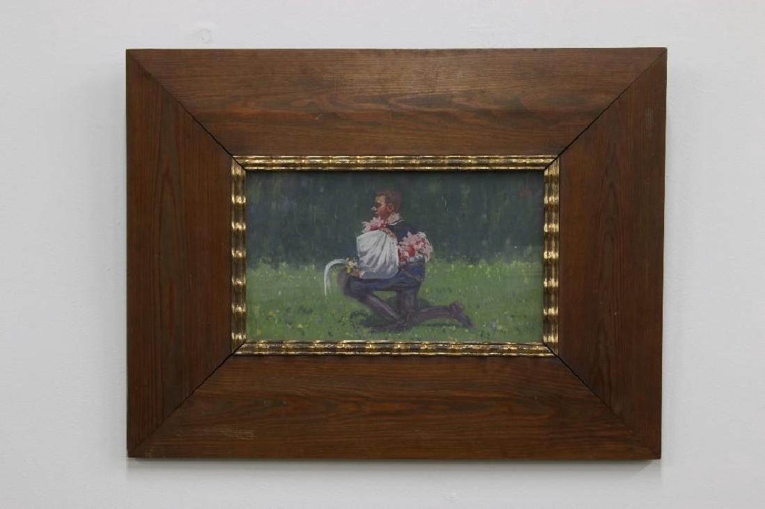 Joza Uprka Painting Czech Artist Man Traditional Dress: Joza Uprka (1861 - 1941, Czech Republic) Painting depicting a young man in traditional dress. Signed monogram. Visible image 8" x 13"; framed overall 17 3/4" x 23 ".