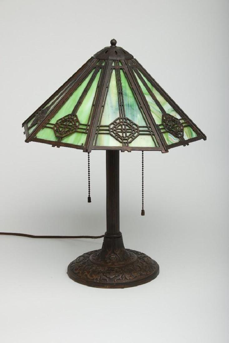 Arts Crafts Green Glass Bronzed Metal Table Lamp (1 of 4)