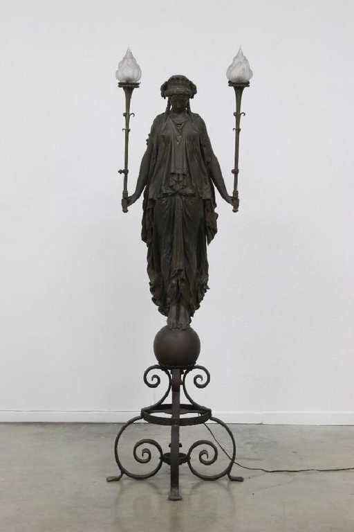 Antique Bronze Goddess Sculpture Newel Post Lamp
