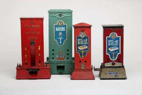 Columbus Penny 1c Match Vending Machines Ohio Blue Tip: Group of four Columbus vending machines. One cent matches. Sizes range from 12" high to 16" high. Property from the estate of Walt Disney Imagineer John Patrick Burke.