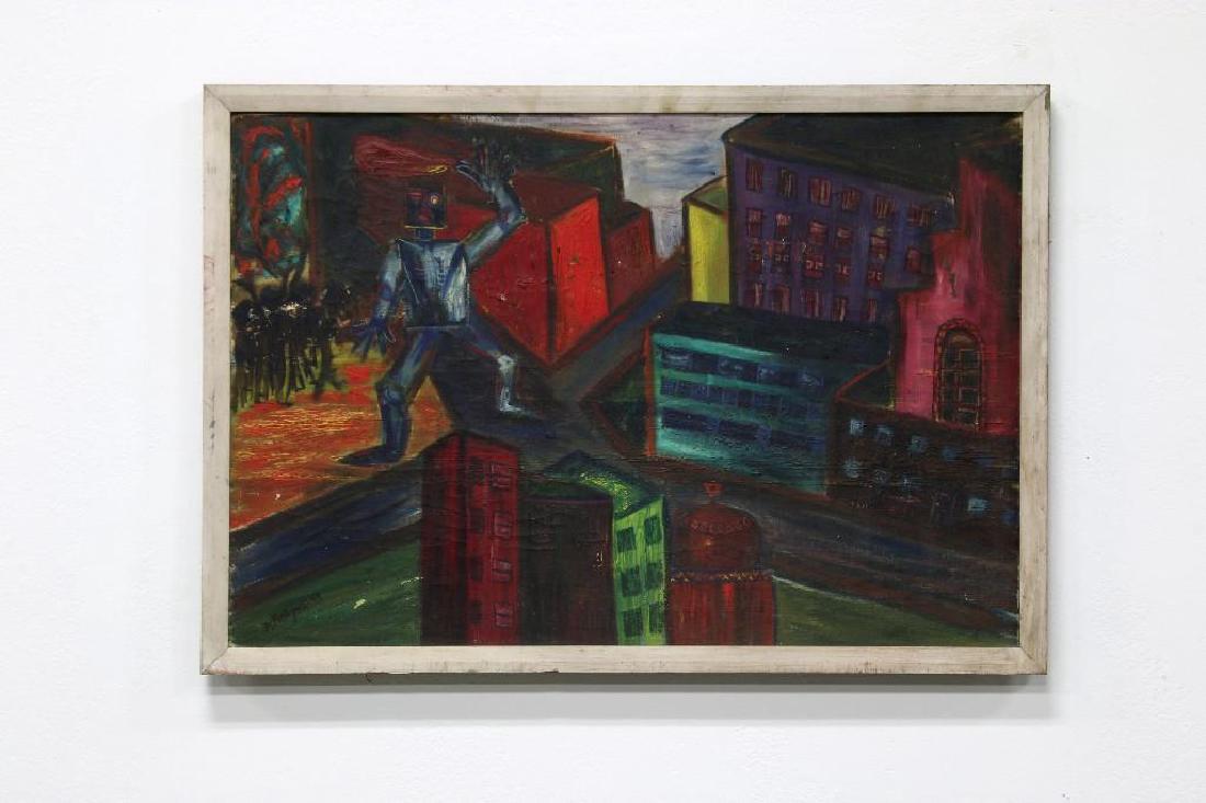 Annette Robyns 1949 Robot Figure Cityscape Painting (1 of 3)