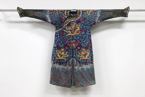 Chinese Long Embroidered Summer Imperial Dragon Robe: Long Chinese Imperial style summer robe embroidered with dragons and lishui border, blue openweave fabric, embroidered horseshoe cuffs. Measures 54.5" long, 50" chest.