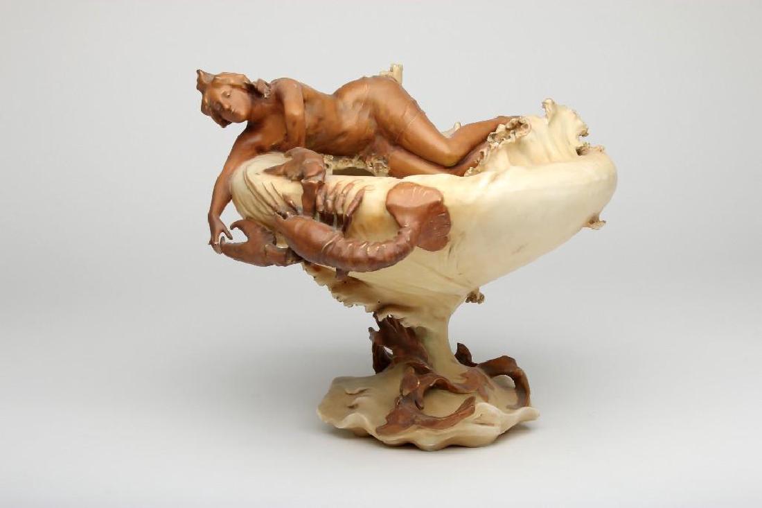 Art Nouveau Amphora RStK Woman Lobster Centerpiece Bowl: Amphora and R St K footed centerpiece bowl with applied figures of a nude woman and large lobster. Measures 14 1/2" x 12" high.