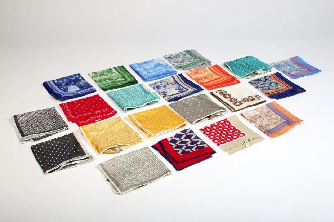 Italian Designer Pocket Square Lot 21 Silk Cotton Linen: Lot of 21 Italian designer pocket squares in floral, paisley and geometric patterns. Nine Finamore 1925 silk squares in floral and paisley patterns, eight Borrelli Napoli silk squares in small scale p