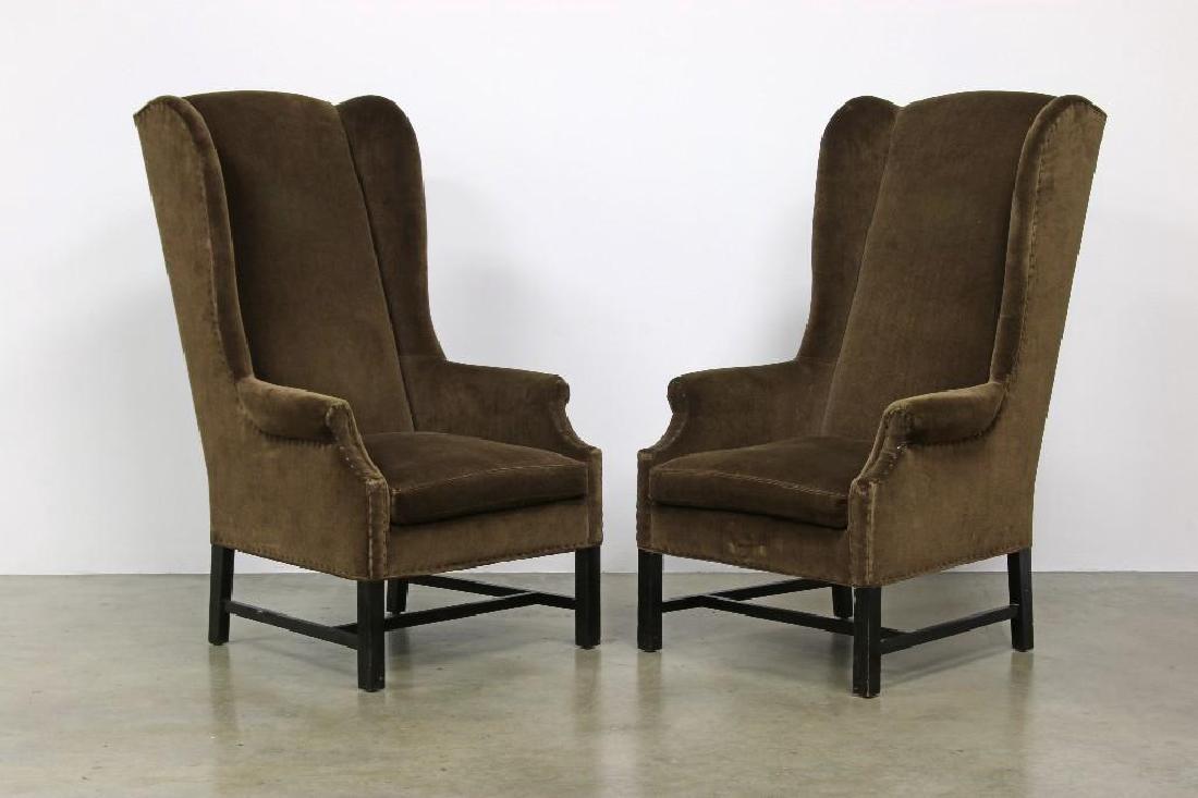 Pair Tall Wingback Armchairs Velvet Upholstery: Two tall wingback armchairs, mocha velvet upholstery. Height 53", width 31", depth 30", seat 21" x 21".