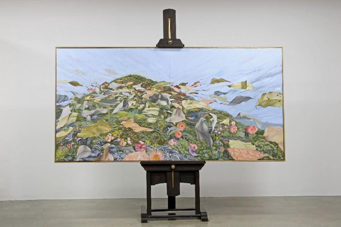 Michael Davis Large Scale Mountain Come to Me 2015: Michael Davis large scale oil on canvas, 'Mountain Come to Me', 2015. Framed dimensions 103 3/4" x 52 1/2". With large display easel.