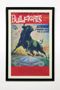 Mark Bradford Print Bullfight Signed Print: Grainy image of bullfighting poster, with signature and inscription. Framed dimensions 38 1/2" x 25 1/4".