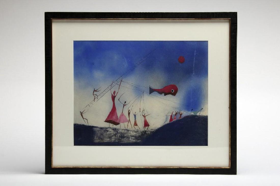 Carlos Orozco Romero Mexico Gouache Painting Surrealism: Carlos Orozco Romero (1898 - 1984, Mexico, United States) surrealist figural landscape. Gouache and pencil on paper. Signed. Framed dimensions 18 3/8" x 21 5/8" overall, 11 3/4" x 15" visible image.