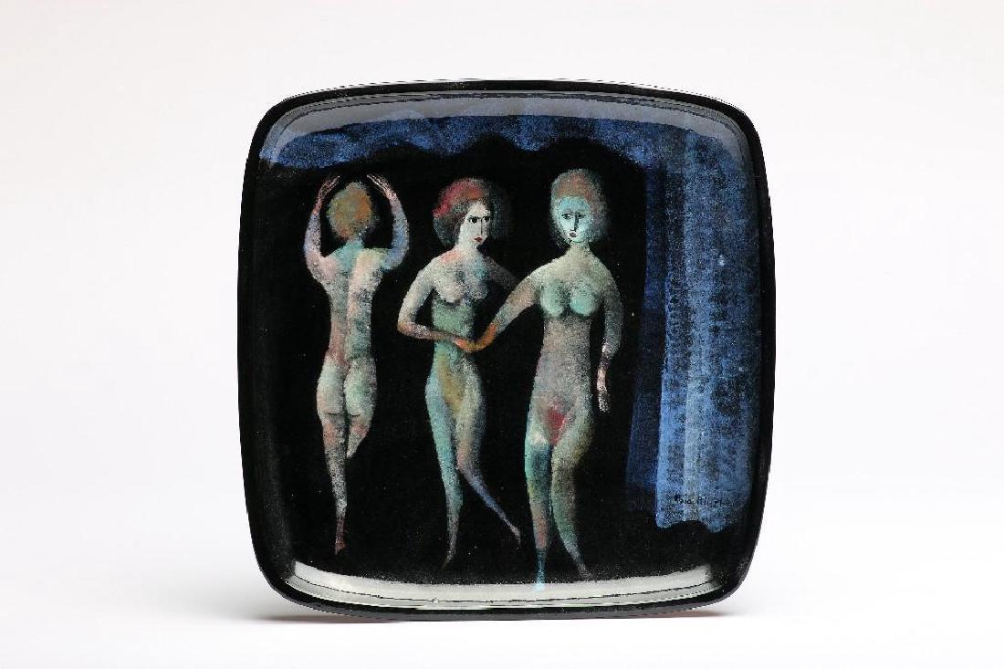 Polia Pillin MCM Art Pottery Hand Painted Plate Nudes: Polia Pillin MCM art pottery. Hand painted platter decorated with three nude figures. Signed. 13" x 13".