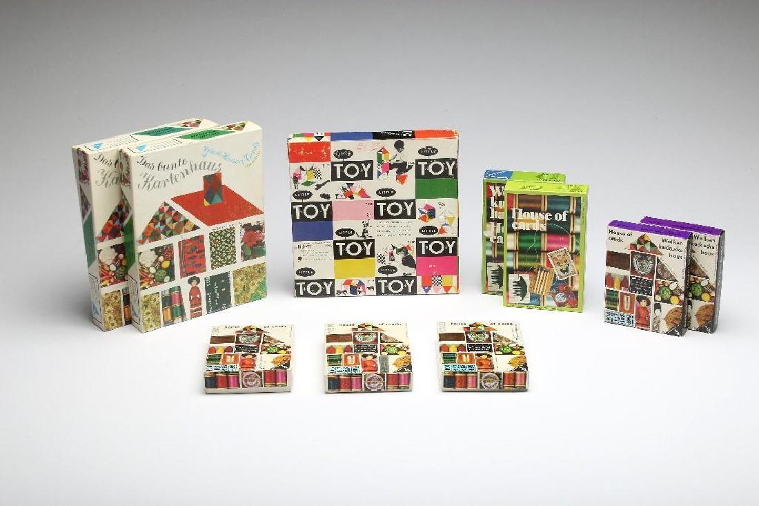 Large Group MCM Charles Eames House of Cards Box Sets: Vintage lot of Charles Eames 'House of Cards' boxed sets. Small sets have 54 to 56 cards. Larger set has 32 cards.
