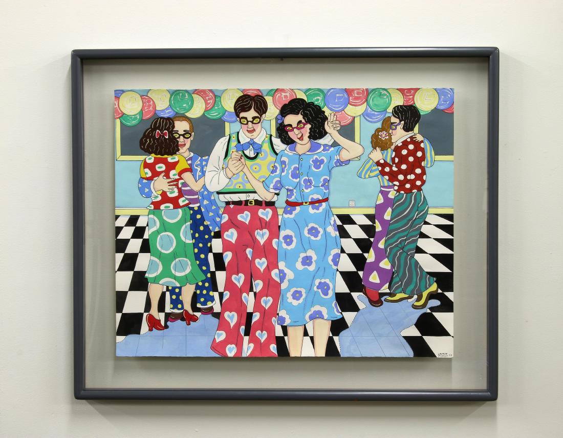 Laurie Jane Pincus Painting California Artist Dancers: Laurie Pincus (American, b. 1951, active California) Figural painting. Signed and dated "79." Paper size 22" x 28", framed to 29" x 35".