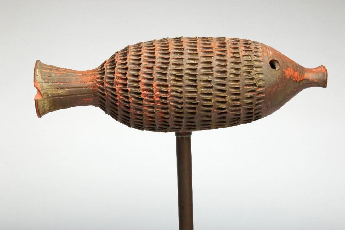 Doyle Lane MCM California Pottery Sculpture Fish: Doyle Lane (20th century, California) MCM art pottery fish on a metal stand, 23in. high. Originally part of a sculptural fountain. Unsigned.