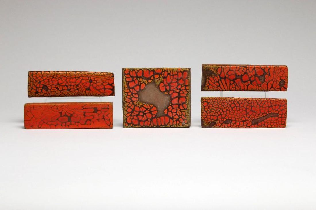Doyle Lane 5 MCM Studio Art Tile Group Orange Peel: Doyle Lane Mid-Century California studio pottery tile group of five with orange peel glaze. One Square tile 4.5in. x 4in. Four Bars 6in. x 1.75in.