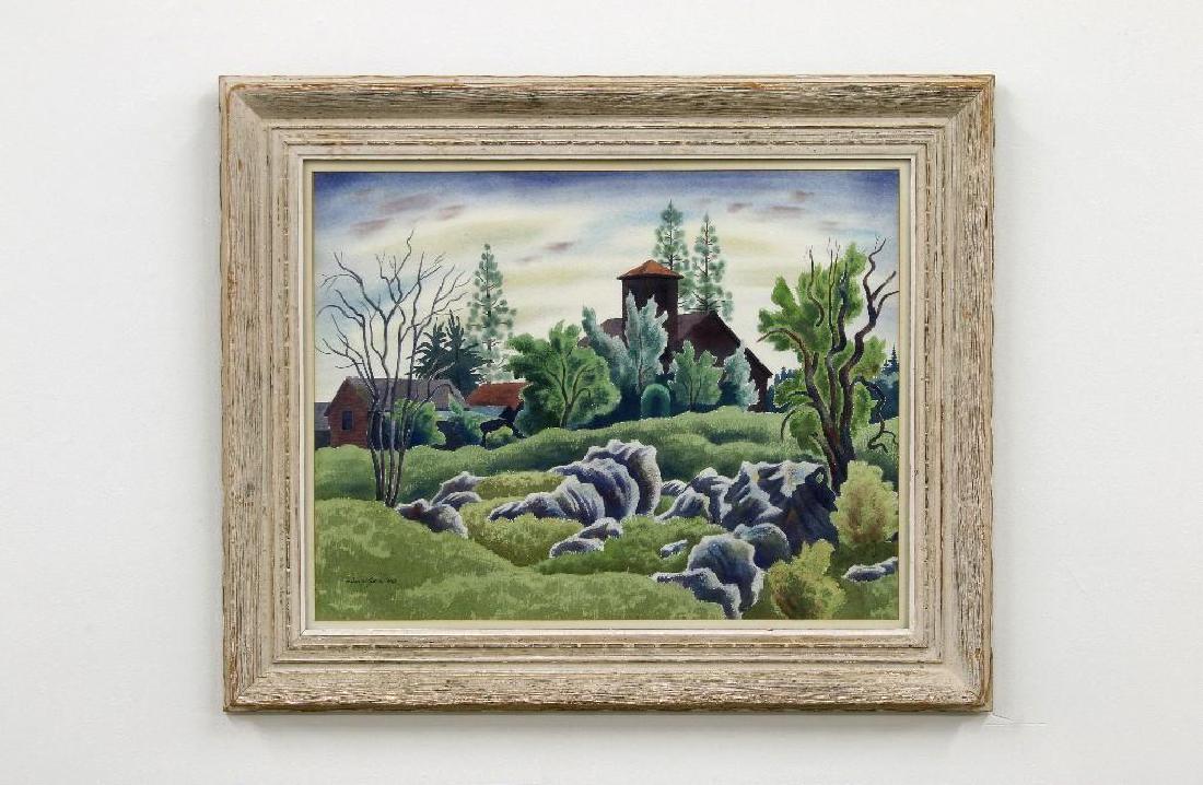 Dillon Theodore Lauritzen Pair California Farmhouse: Dillon Theodore Lauritzen (1904-1952, Illinois / California) Untitled, 1944 and 1946. Pair of watercolor paintings of treed landscape with farmhouse. Signed lower right. Dark farmhouse sight 25in. W x