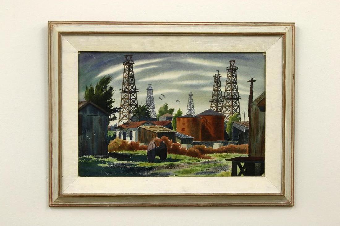 Dillon Theodore Lauritzen California Watercolor Oil: Dillon Theodore Lauritzen (1904-1952, Illinois / California) Orange Tanks, 1944. Watercolor landscape with house beside oil derricks. Signed Lauritzen, 44 to lower right. Lauritzen served as art direc