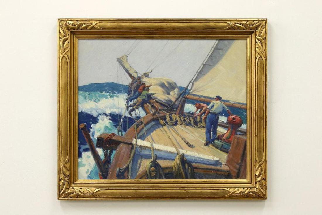 Joe Duncan Gleason California Oil Schooner Lottie: Joe Duncan Gleason (1881-1959, California / New York) Muzzling the Jib (Schooner Lottie Carson). Oil on canvas, signed lower left, Duncan Gleason. Retains gallery label with title and artist bio verso