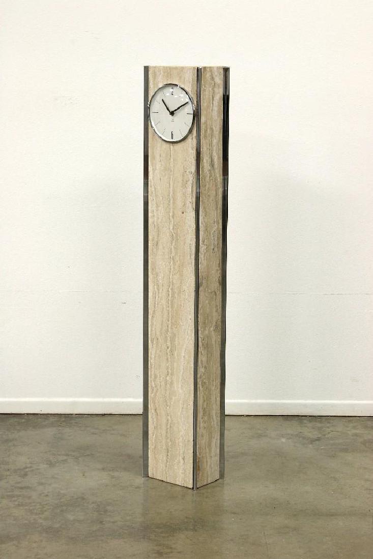 Mid Century Modern Raymor Travertine Chrome Tower Clock: Vintage Mid-Century travertine marble and chrome tower clock by Raymor. Approximately 52in. H x 9in. W x 6in. D. Battery operated, does not keep time.