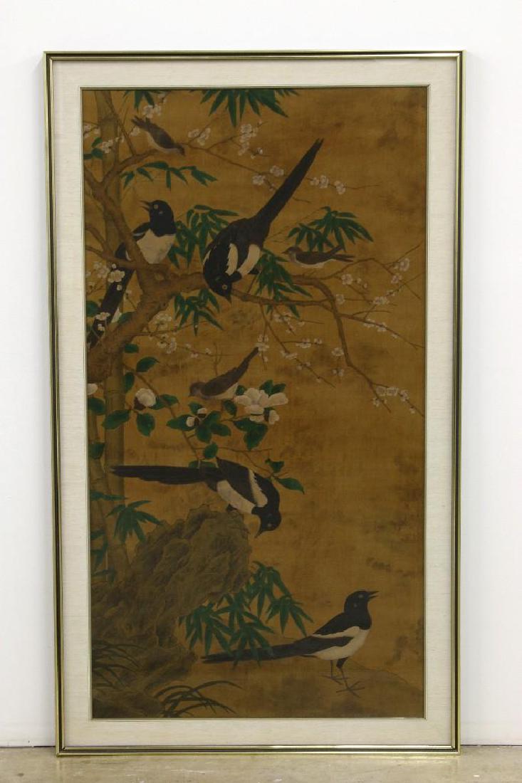 Anonymous Chinese Brush Painting Four Magpies: Well executed Anonymous scroll brush painting, gouache on silk. Antique replica of Four Magpies by Ming Dynasty artist Bian Jingzhao. Retains framer label MAN FONG, Hong Kong. Image: 63 in. H x 33.5 i