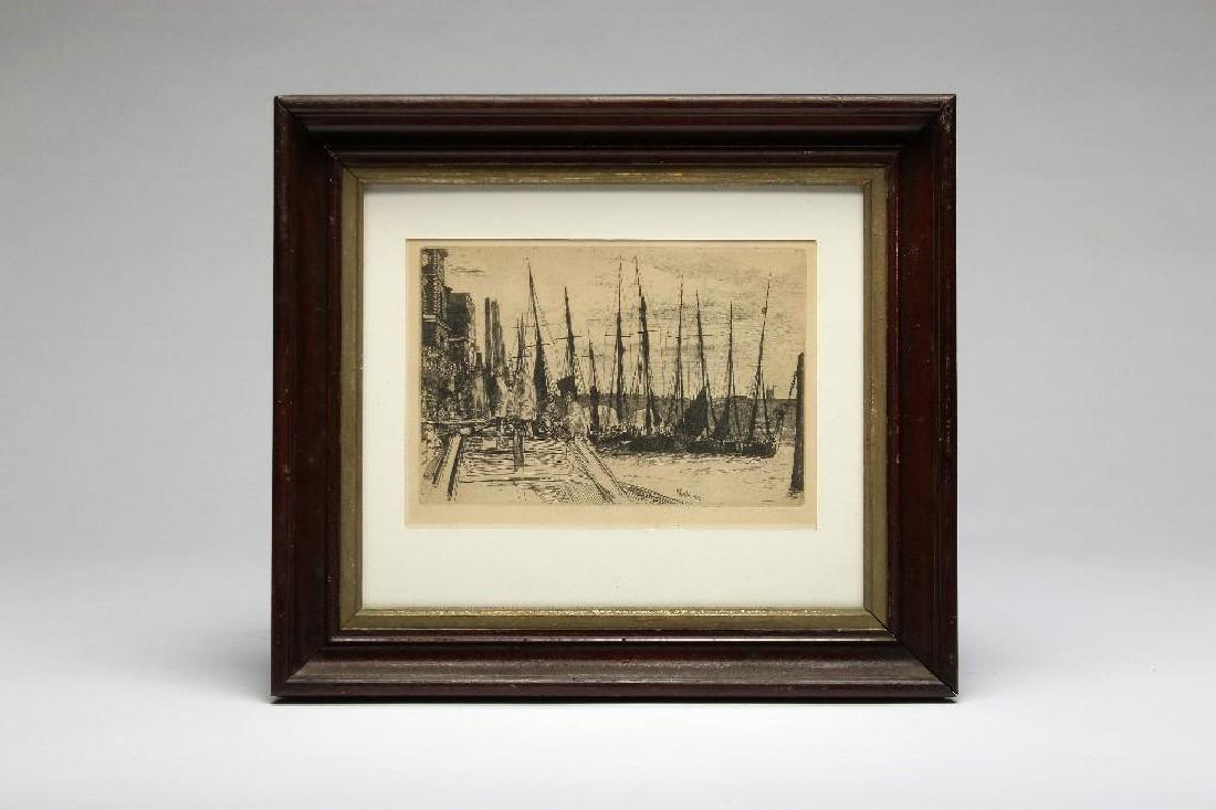 James A McNeill Whistler Etching Billingsgate: James A. Whistler (1834-1903) Billingsgate, 1859 etching. Signature in the plate. Frederick Keppel and Co., Inc. New York. Sight 6.25 in. H x 9.25 in. W. Frame 13.5 in. H x 15.5 in. W x 1.75 in. D.