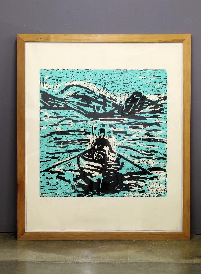 Roger Herman California Large Scale Woodcut Print: Roger Herman (b. 1947, California) Row Boat, 1985. Large scale woodcut print on paper. Pencil signed, A.P. Framed. Approx. 70 in. H x 58 in. W, Frame: approx. 77.25 in. H x 65.25 in. W x 1.5 in. D.