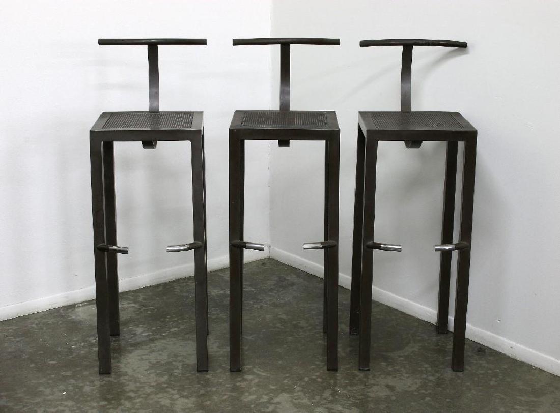 Philippe Starck Sarapis Aleph Ubik Bar Counter Stools: Philippe Starck Sarapis set of three bar stools and one counter stool for Aleph Ubik, c. 1986. Three stools: 42 in. H x 13.75 in. W x 16.75 in. D, Single: 34.5 in. H x 13.75 in. W x 16.75 in. D.