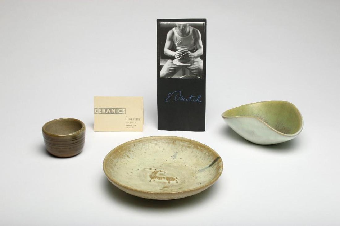 Collection Eugene Deutch Vintage Studio Pottery 3: Three piece collection of Eugene Deutch vintage studio pottery. Glazed in earth tones. 1) 1.5 in. H x 8.25 in. dia. 2) 2.75 in. H x 7 in. W x 5.5 in. D 3) 2.15 in. H x 3.25 in. dia.