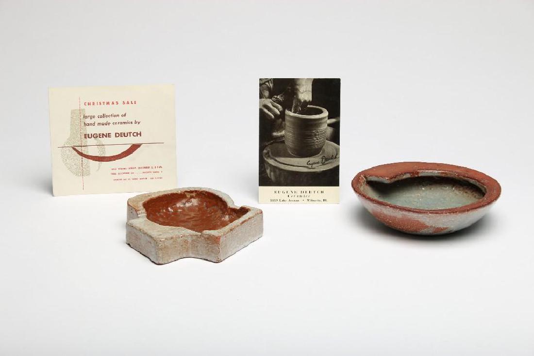 Two Pieces Eugene Deutch Vintage Studio Pottery: Collection Eugene Deutch Vintage Studio Pottery. Two pieces glazed in brown and terra cotta colors. 1) 1.75 in. H x 6.25 in. dia. 2) 1.25 in. H x 5.5 in. W x 5.5 in. D.