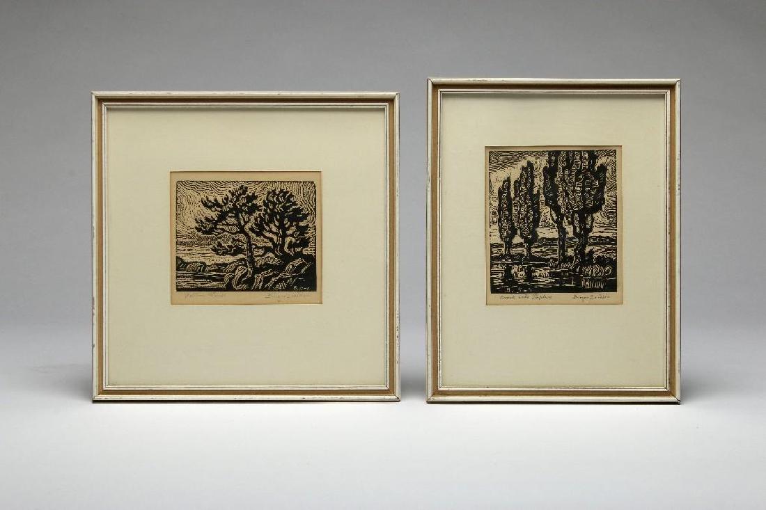 2 Birger Sandzen Block Print Brook With Poplars Veteran: Birger Sandzen (1871-1954) Brook With Poplars, 1932 linoleum cut and Veteran Pines, 1928 nail cut. Two block prints hand titled and signed by the artist. Veteran Pines: Sight 5 in. H x 5.5 in. H. Fram