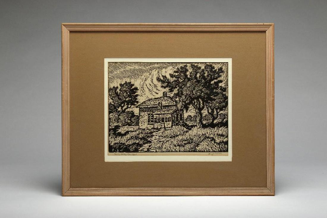 Birger Sandzen 1929 Smoky Valley Homestead Block Print: Birger Sandzen (1871-1954) Smoky Valley Homestead, 1929 linoleum cut block print, hand signed. Image: 9.25 in. H x 12 in. W, Frame: 17 in. H x 21 in. W x .75 in. D.