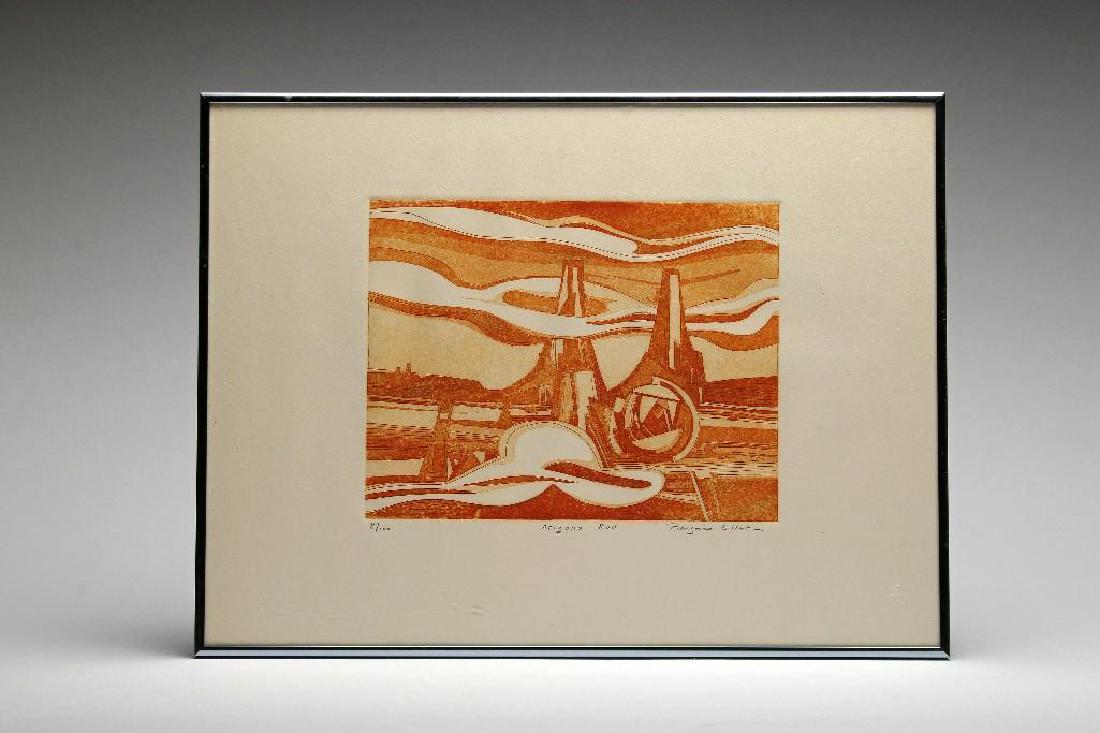 Francoise Gilot Arizona Red etching: Francoise Gilot Arizona Red etching, pencil signed and titled, numbered 8 of 100. Image 8.75 in. H x 11.25 in. W. Frame 15.5 in. H x 20.5 in. W x .75 in. D.