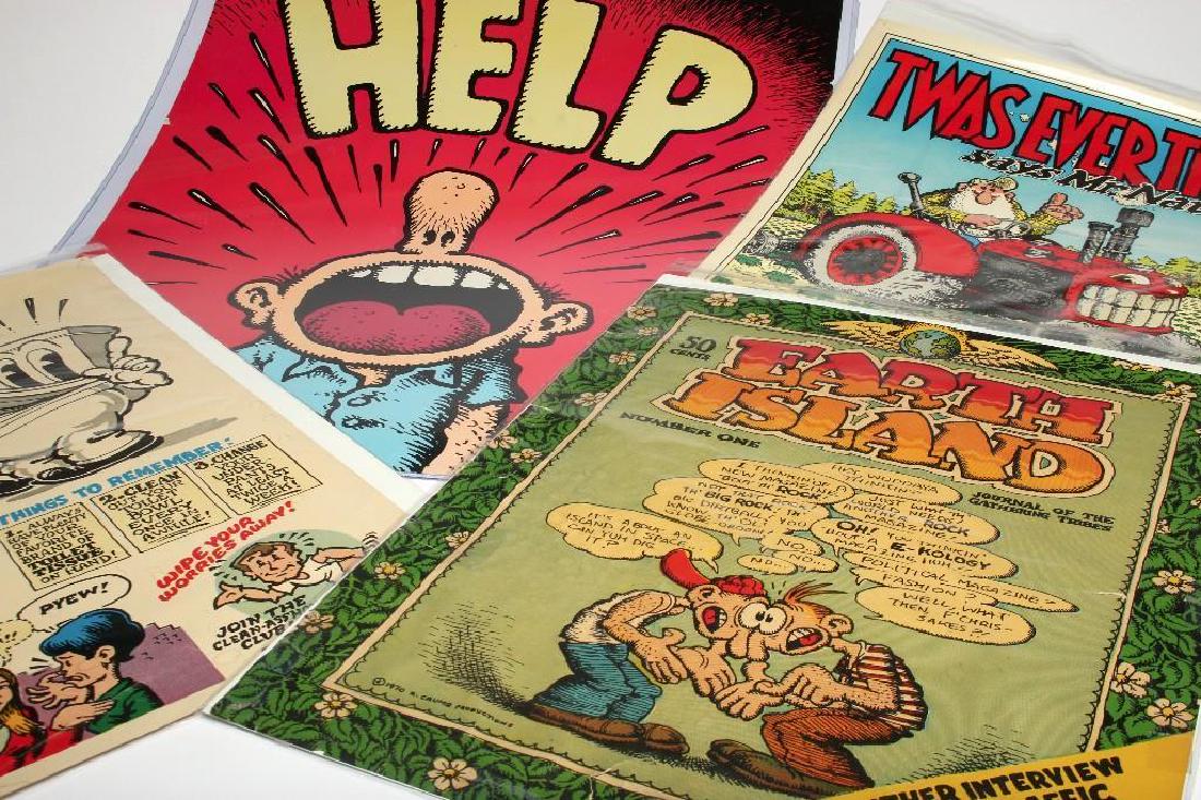 Robert Crumb Posters Help Tommy Toilet Mr Natural: Group of four Robert Crumb vintage posters. 1) Twas Ever Thus says Mr. Natural, 1972 Apex Novelties 21 in. H x 17 in. W, 2) Tommy Toilet sez. 22 in. H x 15.5 in. W, 3) Earth Island No. 1, 1970 R. Crum