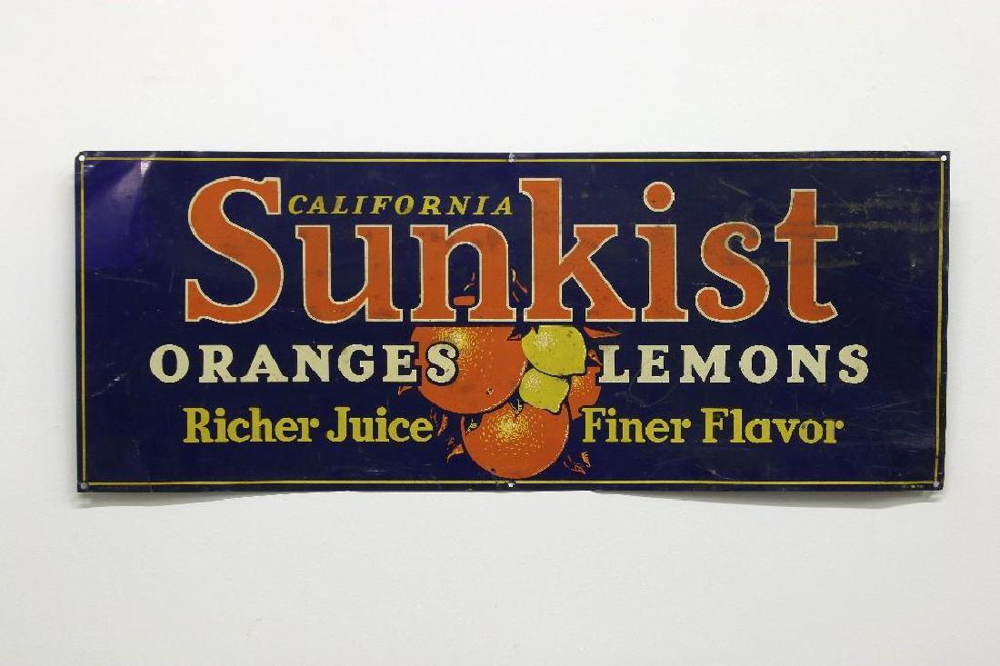 Vintage Sunkist Oranges Lemons Enamel Advertising Sign: Vintage Sunkist California oranges and lemons, richer juice finer flavor. Aprox. 16 in. H x 36 in. W.