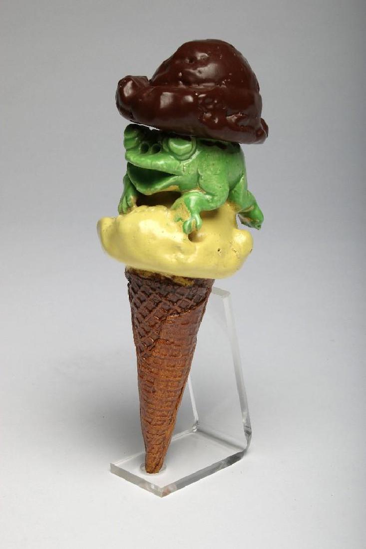 David James Gilhooly Frog Sculpture Ice Cream Cone: David James Gilhooly (1943-2013, Oregon / California) frog as ice cream cone clay sculpture. 8.5 in. T x 2.5 in. W x 4 in. D.