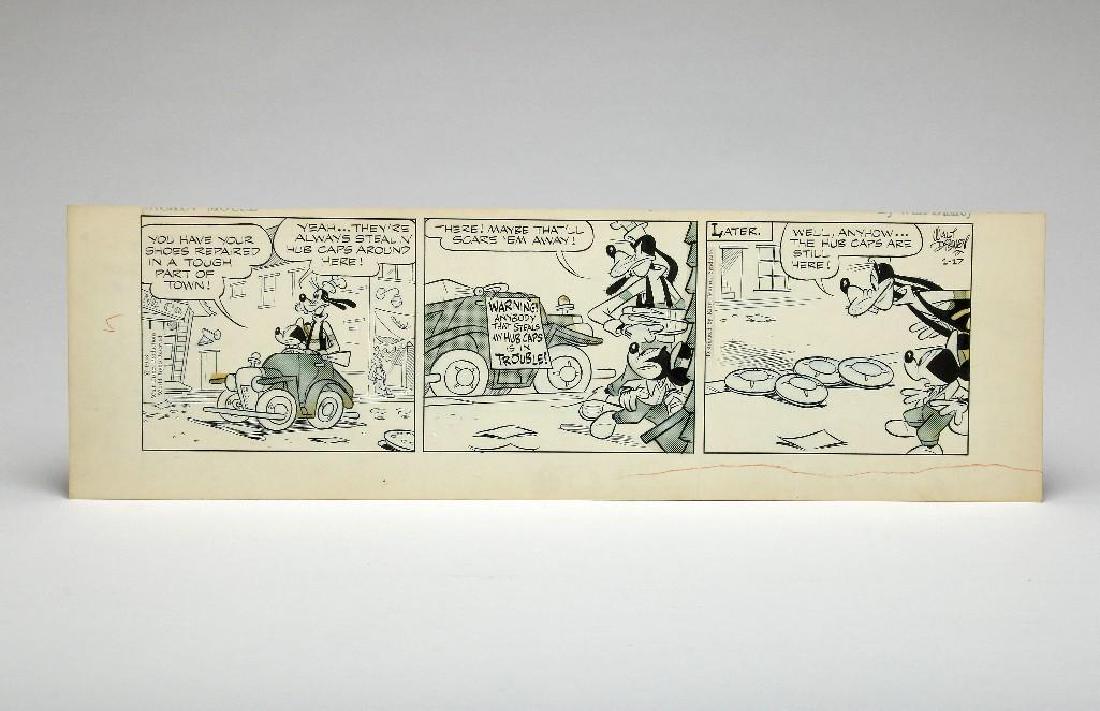 1958 Mickey Mouse Disney Original Art Floyd Gottfredson: Original Floyd Gottfredson (attr.) art for Mickey Mouse Disney comic strip, 1958 King Syndicate. Three-frame panel featuring Mickey Mouse and Goofy. 6.25 in. H x 21 in. W.