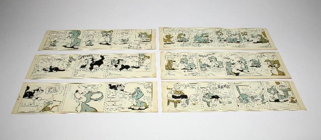 Six 1958 Disney Scamp Original Cartoon Comic Strip Art: Group of six panels of Al Hubbard (attr.) Scamp comic strip art, dated 1958 King Features Syndicate. Each approx. 6 in. H x 12 in. W.