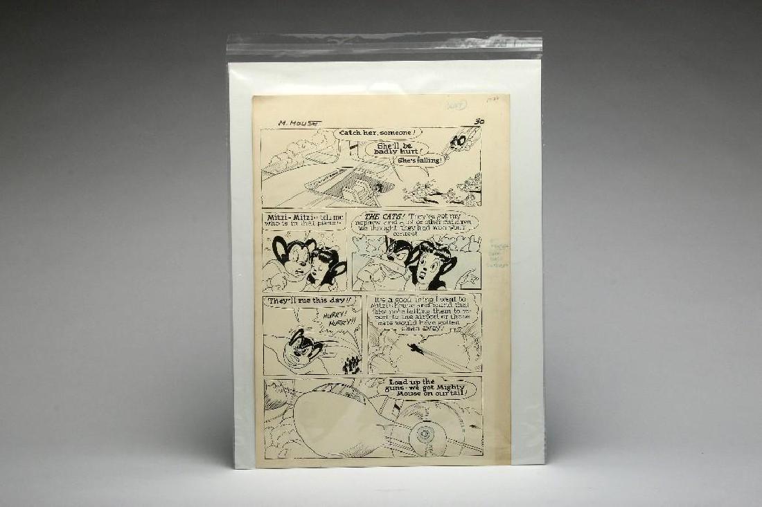 1955 Original Mighty Mouse Comic Illustration: Original Terrytoons Mighty Mouse cartoon comic strip art, Connie Raskinki (1907-1965). Stamped Comics Magazine Code Authority Approved Nov 22, 1955 verso. 20.5 in. H x 14 in. W