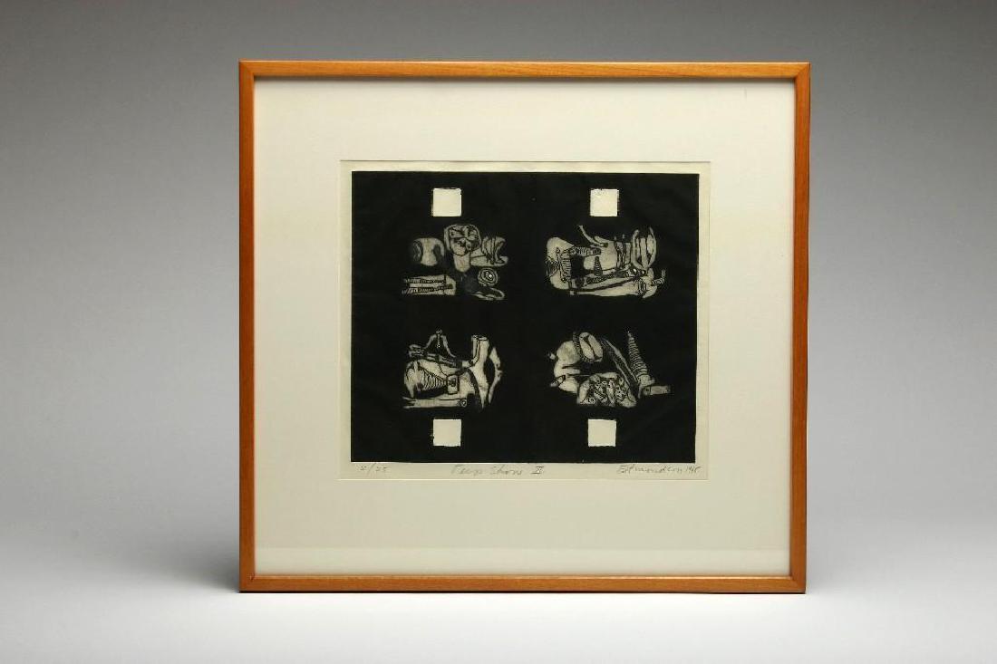 Leonard Edmondson Peep Show II 1965 Etching: Leonard Edmondson (1916-2002, California) Peep Show II, 1965 etching on paper. Pencil signed and dated, numbered 2 of 25. Framed. Sight: 10.75 in. H x 12.5 in. W, Frame: 18 in. H x 19.25 in. W x .5 in