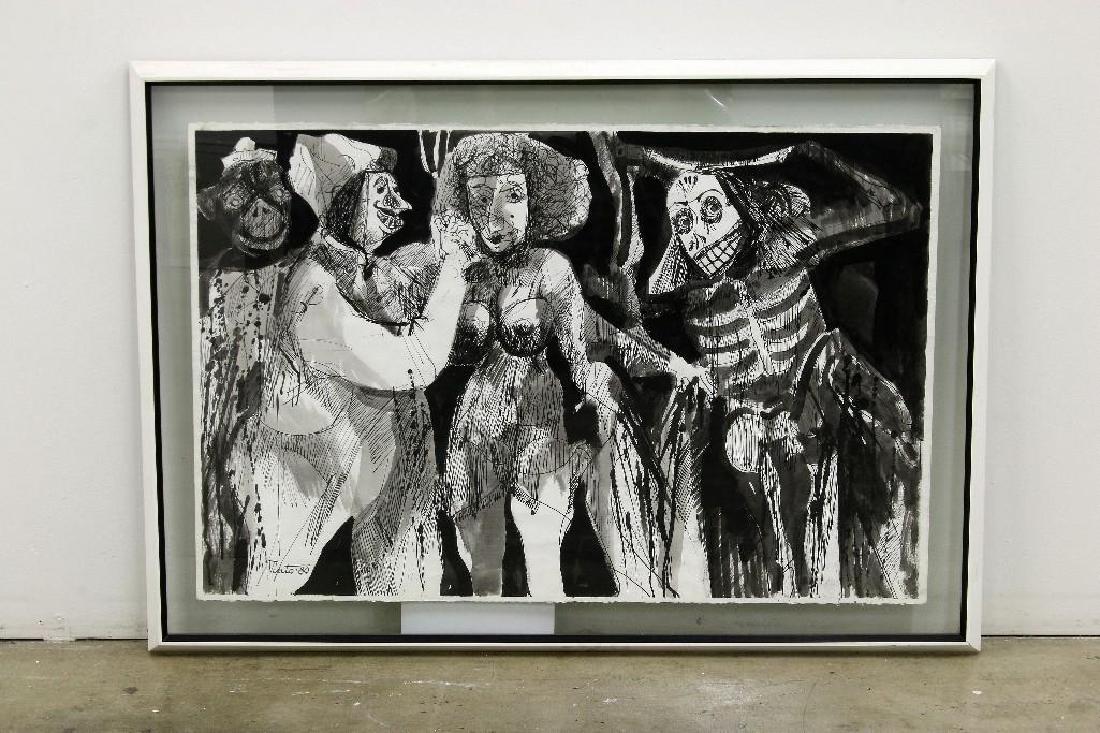 James Pinto California Modern Figural Ink Drawing: James Pinto (1907-1987, California / Mexico / Yugoslavia (former), Untitled, figures. Ink Drawing on paper, framed. 26 in. H x 40 in. W, Frame: 32.5 in. H x 46 in. W x 1.5 in. D.