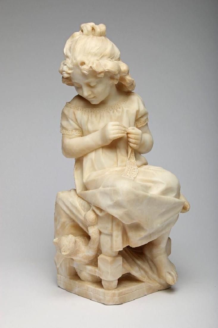 Carved Alabaster Figure Sculpture Young Girl: Carved alabaster figure of a young girl seated in a chair. Unsigned. In the style of Cesare Lapini. 20 in H x 9 in. W x 8 in. D.